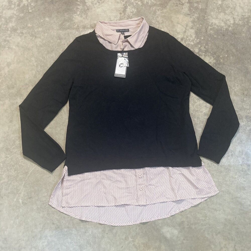 Adrianna Pappell Sweater Womens Medium Black with Attached‎ Polka Dot Blouse